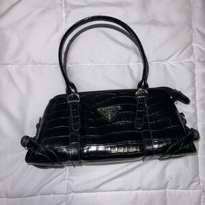 Black Croc-Embossed Leather Shoulder Bag